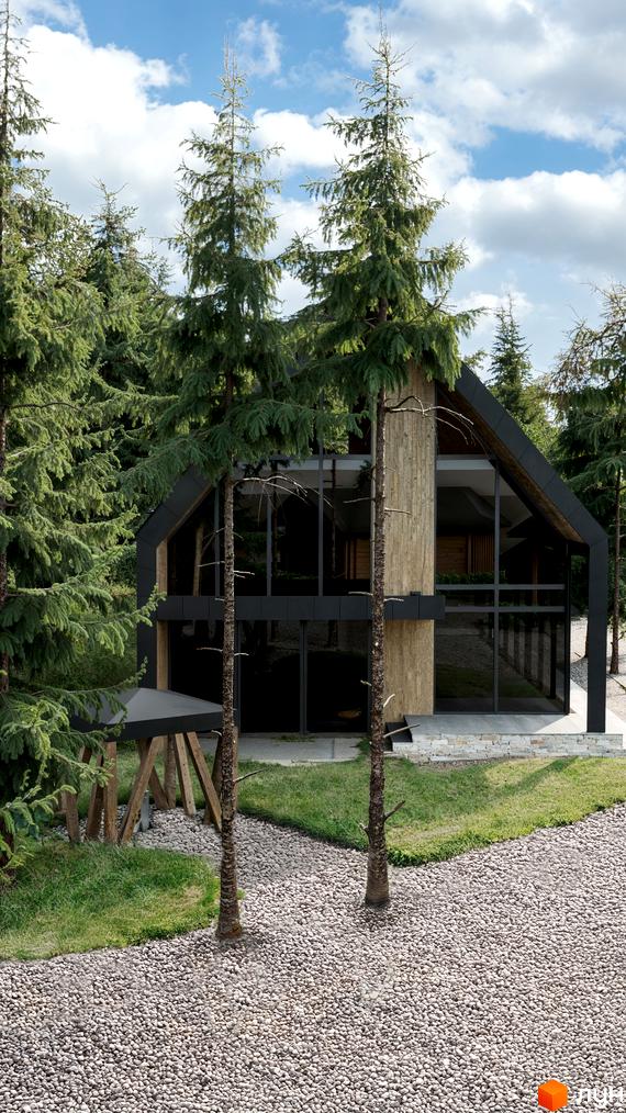 Будинок Guta Nova з темним фасадом та великими вікнами серед хвойних дерев. Перед ним гравійна доріжка та зелений газон.