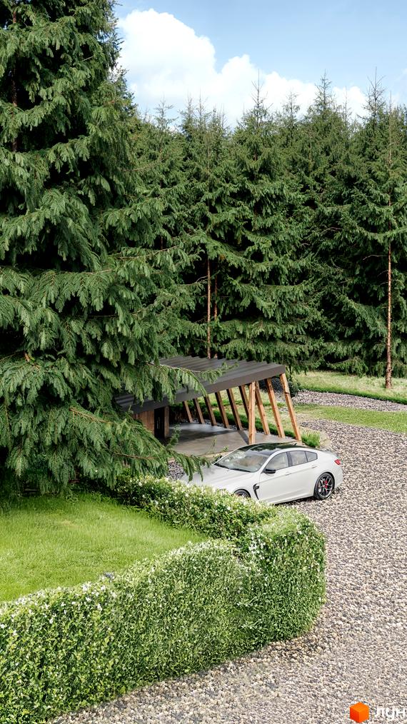 Зображення Житлового комплексу Guta Nova з автомобілем на подвір'ї. Навколо будинку зелені насадження та хвойні дерева.