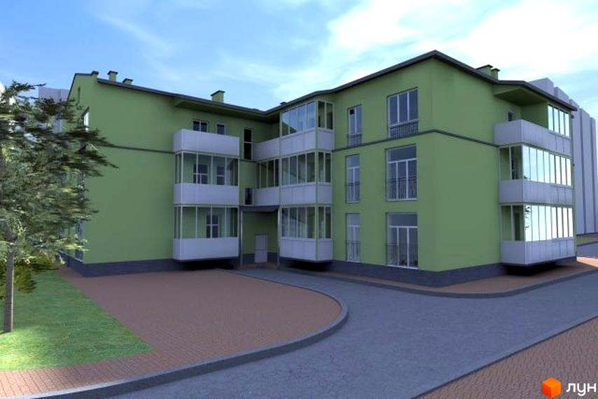 Зображення фасаду Житлового комплексу Затишок. На фото будинок з балконами, видно прибудинкову територію та зелені насадження.