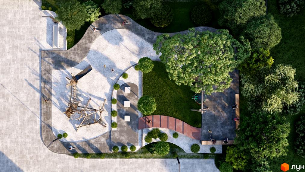 Аерофотозйомка ЖК Рубін Апартамент з дитячим майданчиком та зонами відпочинку. Зелена прибудинкова територія з деревами та доріжками.