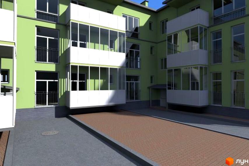 Зображення фасаду та прибудинкової території Житлового комплексу Затишок. Багатоповерховий будинок з балконами та тротуарною плиткою.