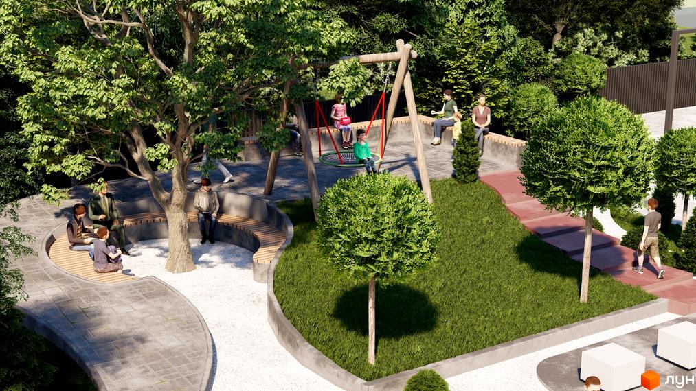 Житловий комплекс Рубін Апартамент: зелена зона відпочинку з дитячим майданчиком та лавками. Територія навколо будинку облаштована для дозвілля.