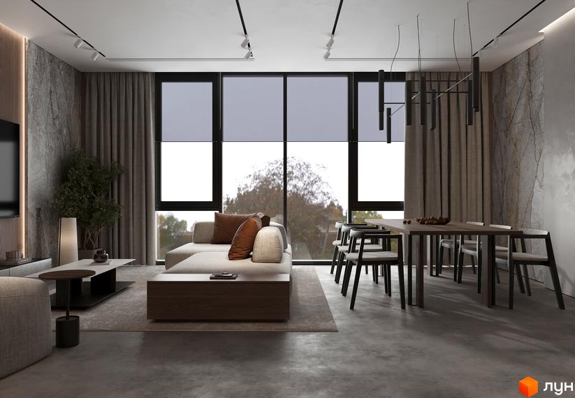 Сучасний інтер'єр вітальні та їдальні з великими вікнами, що виходять на дерева. Меблі у світлих тонах та елегантний дизайн.