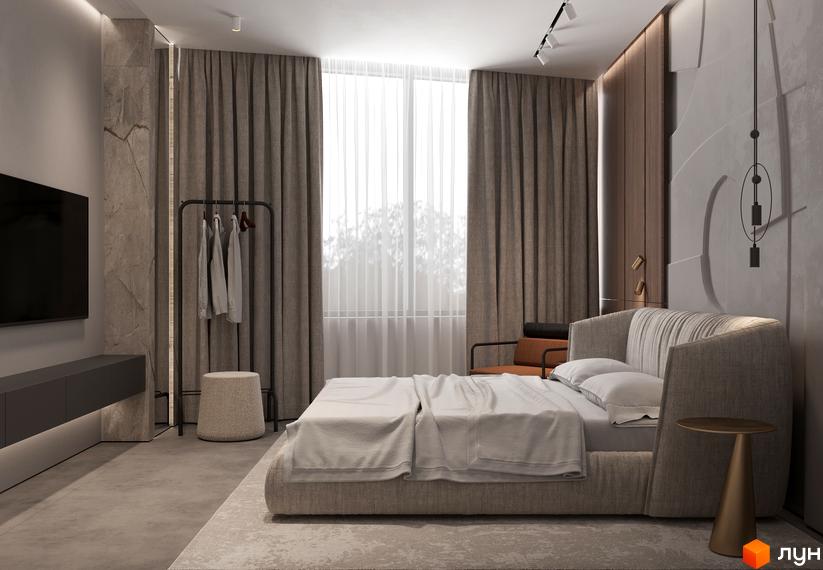 Інтер'єр спальні в ЖК Рубін Апартамент з великим ліжком, сірими шторами та телевізором на стіні. Простора кімната з сучасними меблями та декором.
