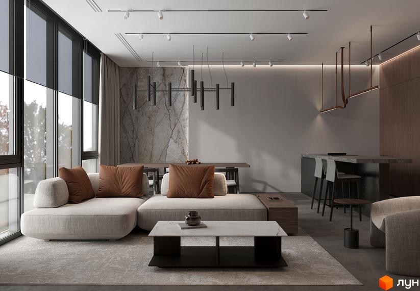 Інтер'єр квартири в ЖК Рубін Апартамент з великими вікнами та зручним диваном. Сучасний дизайн вітальні з обідньою зоною та кухнею.