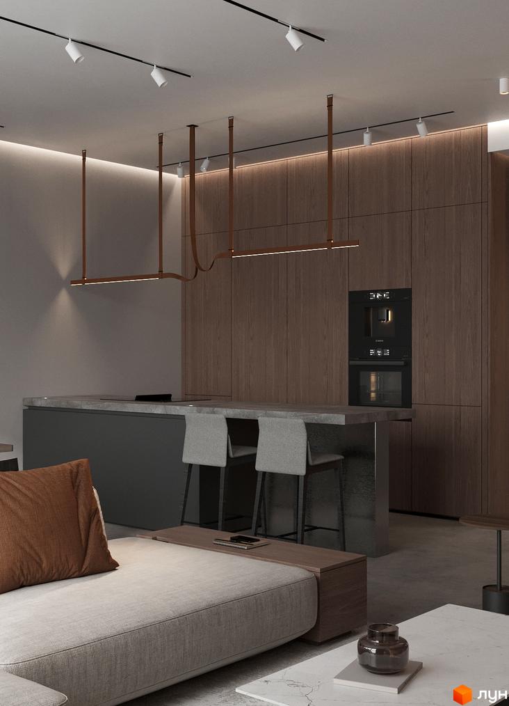 Сучасний інтер'єр квартири в ЖК Рубін Апартамент з кухонним островом та барними стільцями. Вбудована техніка та дерев'яні панелі створюють затишну атмосферу.