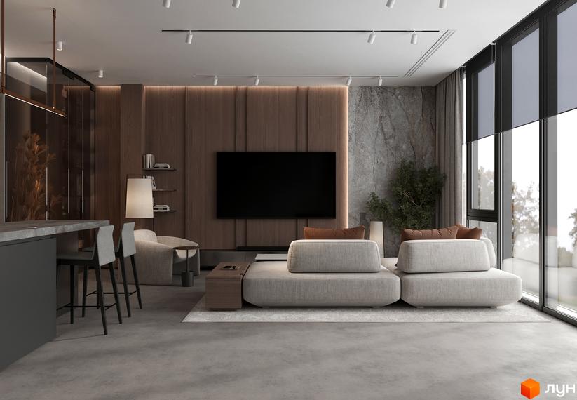 Інтер'єр квартири в ЖК Рубін Апартамент з великими вікнами та сучасними меблями. Простора вітальня з диваном та телевізором.