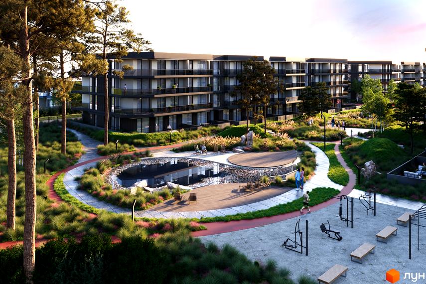 Житловий комплекс Stone Space з багатоповерховими будинками темного кольору та балконами. Територія має зелені насадження, доріжки, ставок та спортивний майданчик.