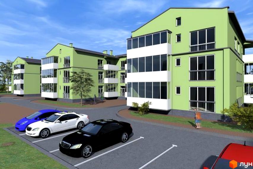 Зображення фасаду та прибудинкової території Житлового комплексу Затишок. На передньому плані автомобілі на парковці.