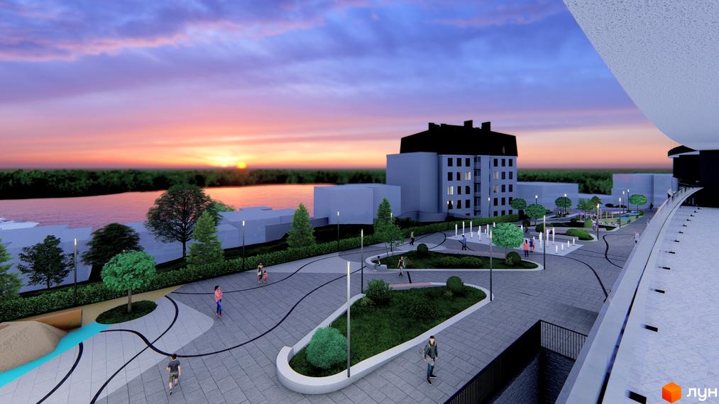 Житловий комплекс Lake City з багатоповерховими будинками та доглянутою прибудинковою територією з фонтанами та зеленими зонами на заході сонця.