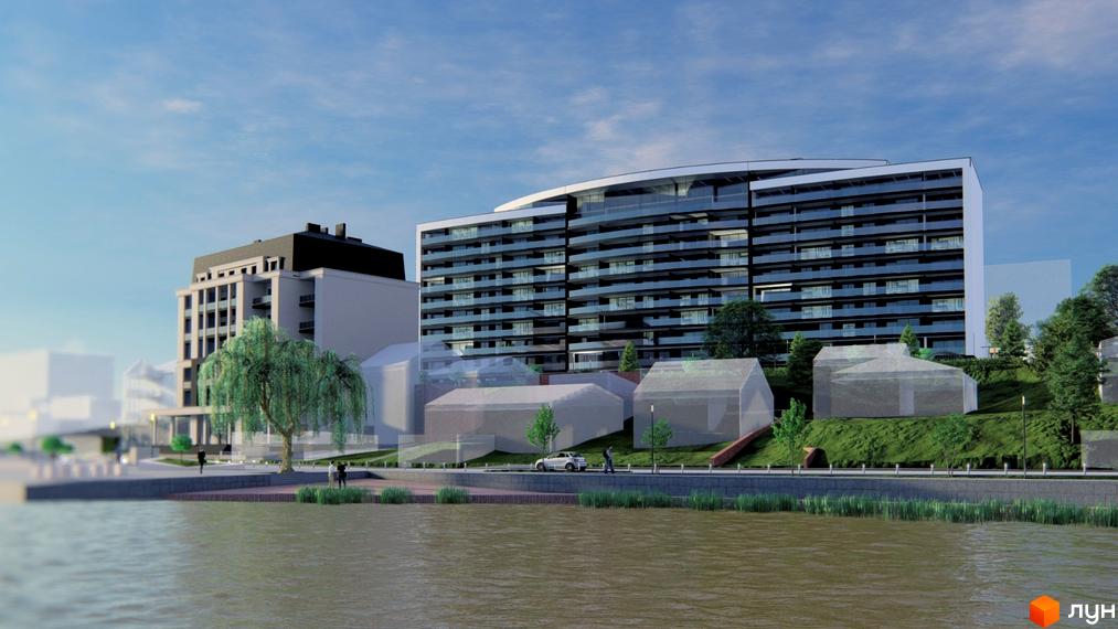 Зображення Житлового комплексу Lake City з видом на багатоповерховий будинок та прибережну зону з деревами. На передньому плані річка.