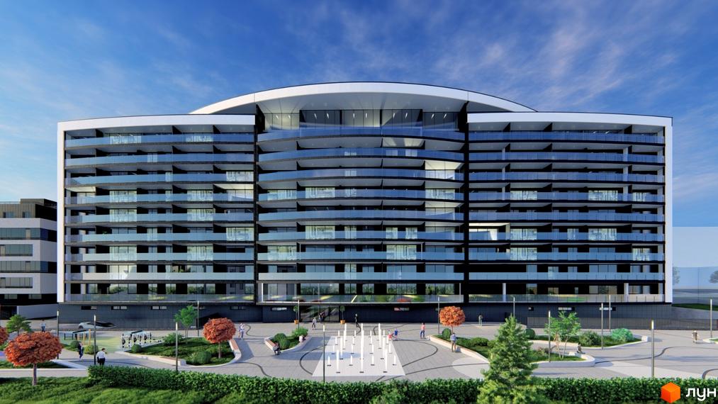 Зображення фасаду та прибудинкової території Житлового комплексу Lake City. Багатоповерхова будівля з великими балконами та скляною обробкою.