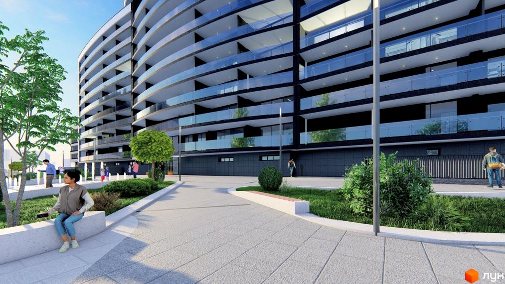 Зображення фасаду та прибудинкової території Житлового комплексу Lake City. Вигляд на будівлю з великими балконами та тротуаром.