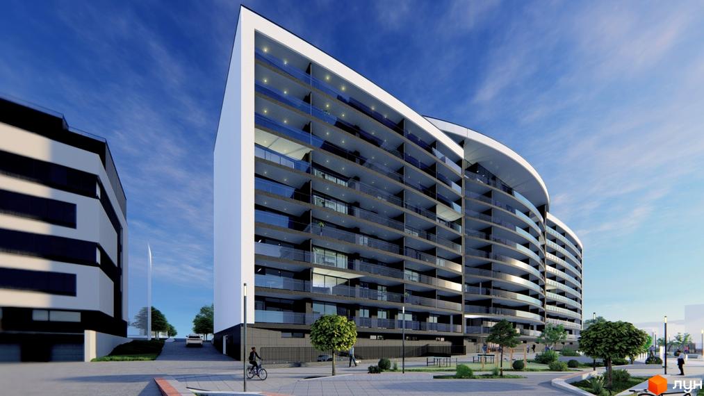 Житловий комплекс Lake City з вигнутим фасадом та численними балконами, що виходить на упорядкований двір з деревами та пішохідними доріжками.