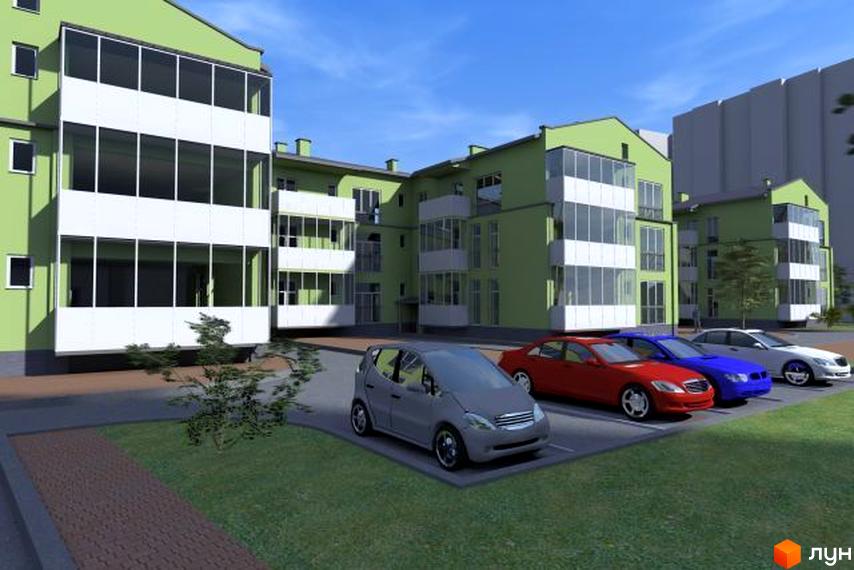 Зображення фасаду та прибудинкової території Житлового комплексу Затишок. Багатоповерховий будинок з балконами, поруч парковка з автомобілями та зелена зона.