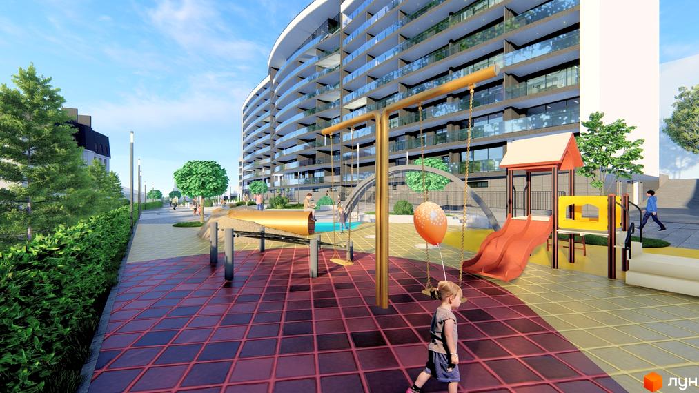 Зображення дитячого майданчика біля Житлового комплексу Lake City. На фоні видно багатоповерховий будинок з великими балконами.