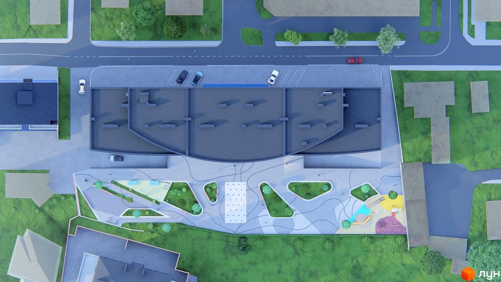 Житловий комплекс Lake City з висоти пташиного польоту. На зображенні видно будівлю та облаштовану прибудинкову територію з зонами відпочинку та дитячим майданчиком.