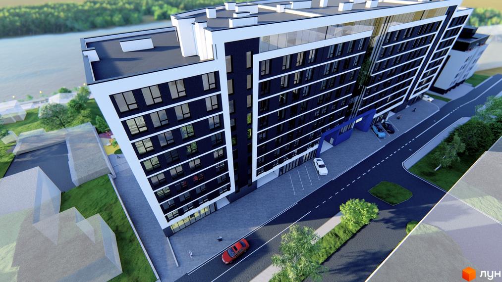 Зображення фасаду та прибудинкової території Житлового комплексу Lake City. Багатоповерхова будівля з великими вікнами та парковкою.