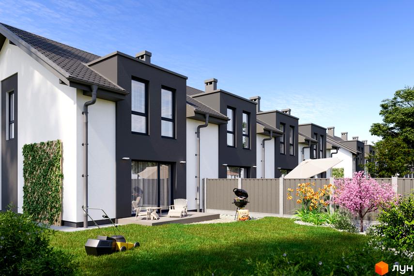 Таунхауси Sttk #20: двоповерхові будинки з біло-сірими фасадами та доглянутим зеленим подвір'ям. На території розташовані зони відпочинку з меблями та барбекю.