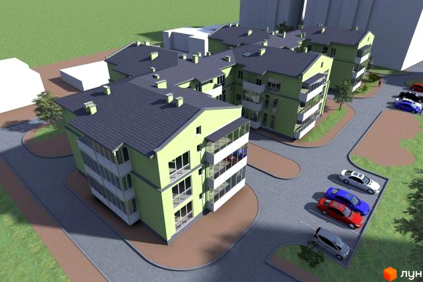 Зображення Житлового комплексу Затишок. Триповерхові будинки з зеленими фасадами та темними дахами, парковка біля будинків.