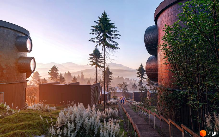 Котеджне містечко Малахіт: унікальна архітектура з круглими вікнами та цегляним фасадом, оточена смереками та туманами.