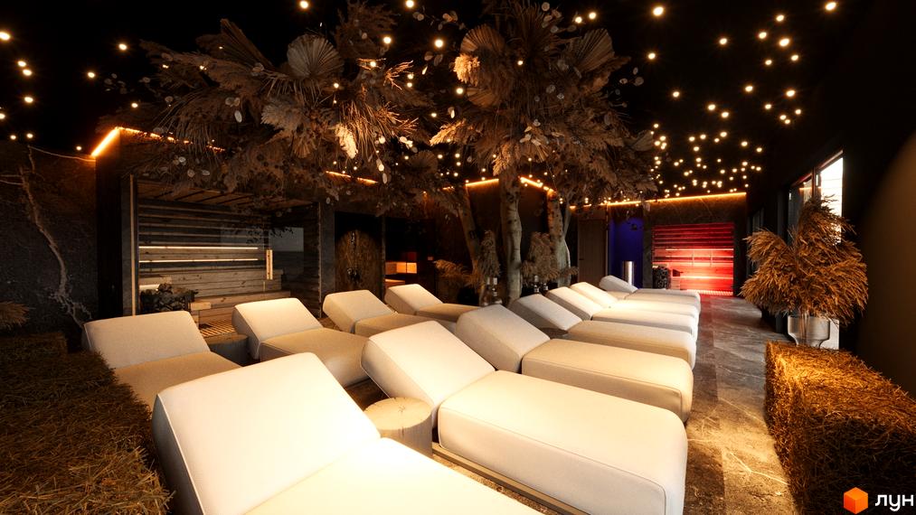 Зона відпочинку в Котеджному містечку Малахіт обладнана зручними лаунж-кріслами та декоративними деревами. Інтер'єр доповнює сауна та приглушене освітлення.