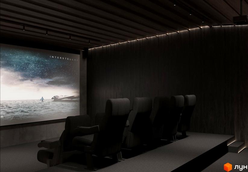 Домашній кінотеатр з проєктором та зручними кріслами для перегляду фільмів. Інтер'єр кімнати виконаний у темних тонах.