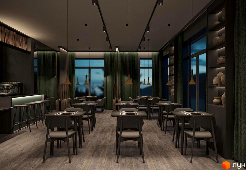 Інтер'єр ресторану з темними меблями та дерев'яною підлогою. Вікна з видом на вечірнє небо.