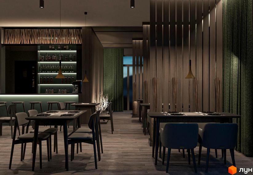 Інтер'єр ресторану з барною зоною, обідніми столами та дерев'яними стіновими панелями у Котеджному містечку Малахіт.