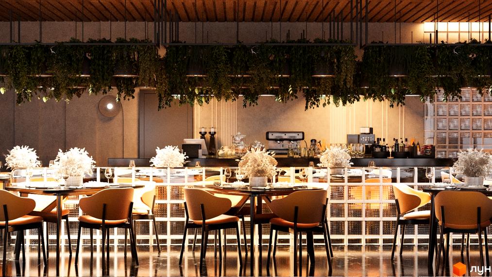 Інтер'єр ресторану в Котеджному містечку Малахіт з обідніми столами та рослинами. Вигляд на барну стійку та освітлення.