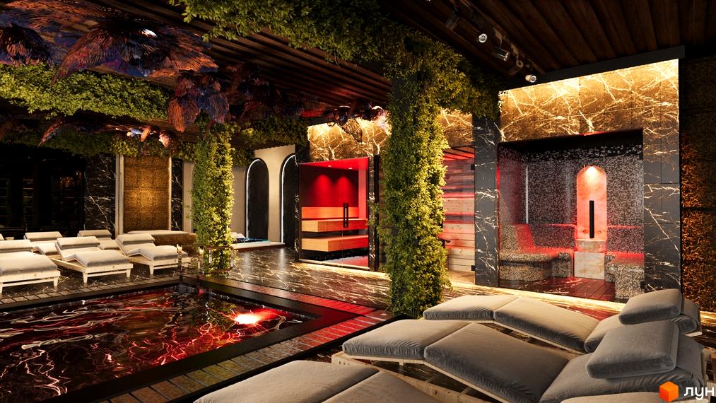 Інтер'єр зони відпочинку з басейном у Котеджному містечку Малахіт. Лежаки біля басейну з червоною підсвіткою та зелені рослини на стінах.