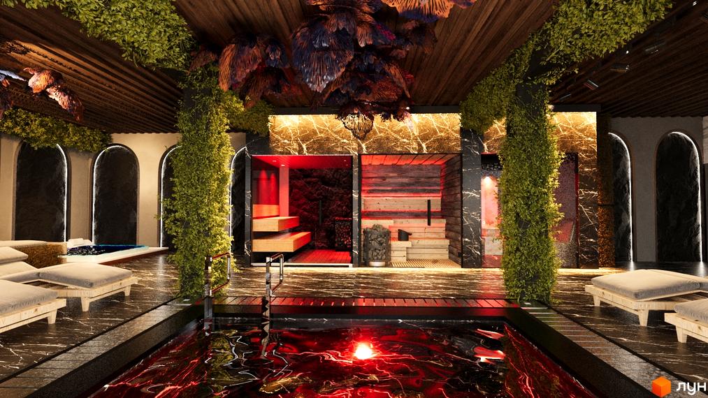Котеджне містечко Малахіт: просторий спа-комплекс з басейном, червоним освітленням та дерев'яними саунами. Інтер'єр прикрашають зелені рослини.