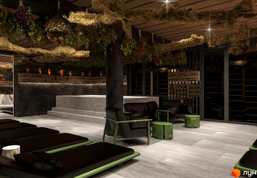 Інтер'єр СПА-зони апарт-комплексу Melaniт Resort & SPA: басейн, лежаки, крісла, декор з рослин, дерев'яні елементи. Відпочинок та релакс в новобудові.