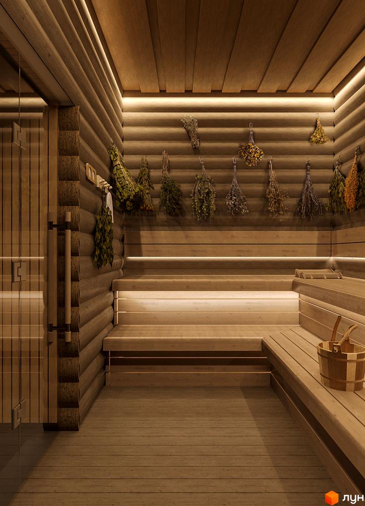 Інтер'єр сауни з дерев'яним оздобленням, лавками та пучками трав. Світлодіодне підсвічування створює затишну атмосферу.