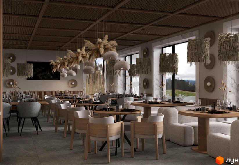 Інтер'єр ресторану Апарт-комплексу „Меланіт Резорт & СПА“: дерев'яні столи, м'які крісла, панорамні вікна.