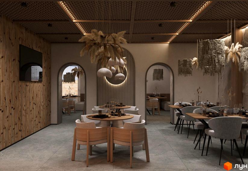 Інтер'єр ресторану з дерев'яними панелями на стінах, круглими столами та витонченими світильниками. Арки ведуть до інших зон відпочинку.