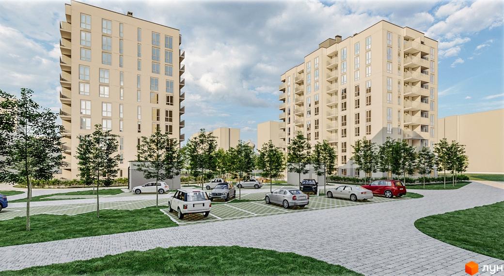 Зовнішній вигляд житлового комплексу Family Comfort з парковкою та зеленими насадженнями. Сучасна архітектура та доглянута прибудинкова територія.