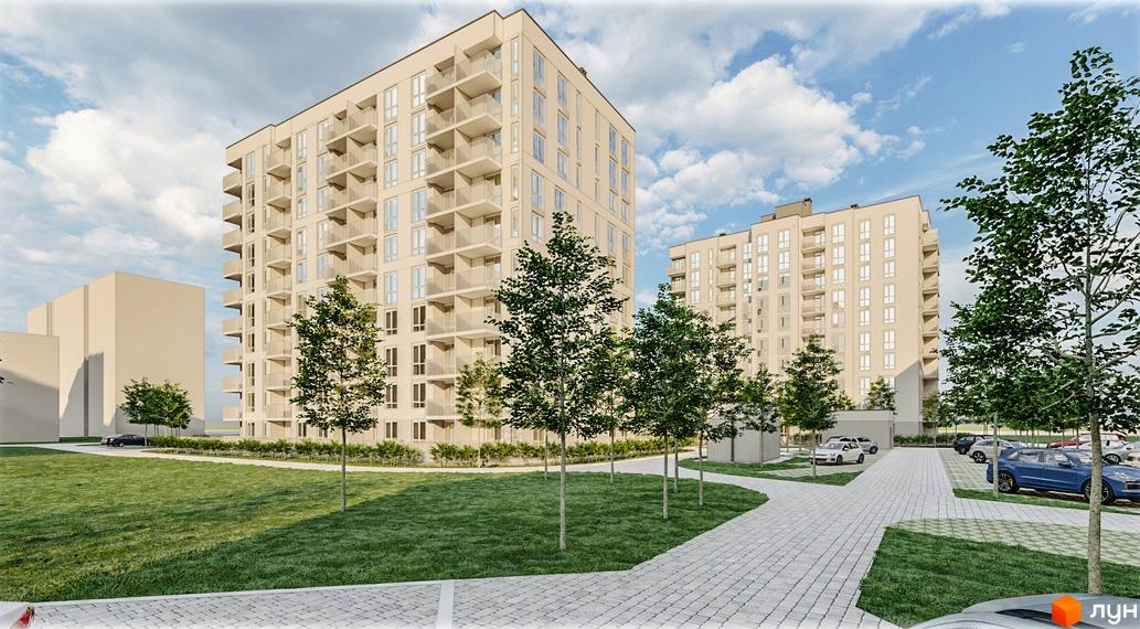 Фасад Житлового комплексу Family Comfort з балконами, оточений зеленими газонами, деревами та вимощеними доріжками.