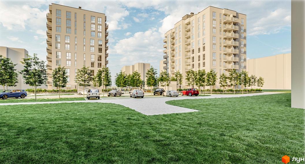 Житловий комплекс Family Comfort з багатоповерховими будинками та прибудинковою територією з газоном і парковкою.