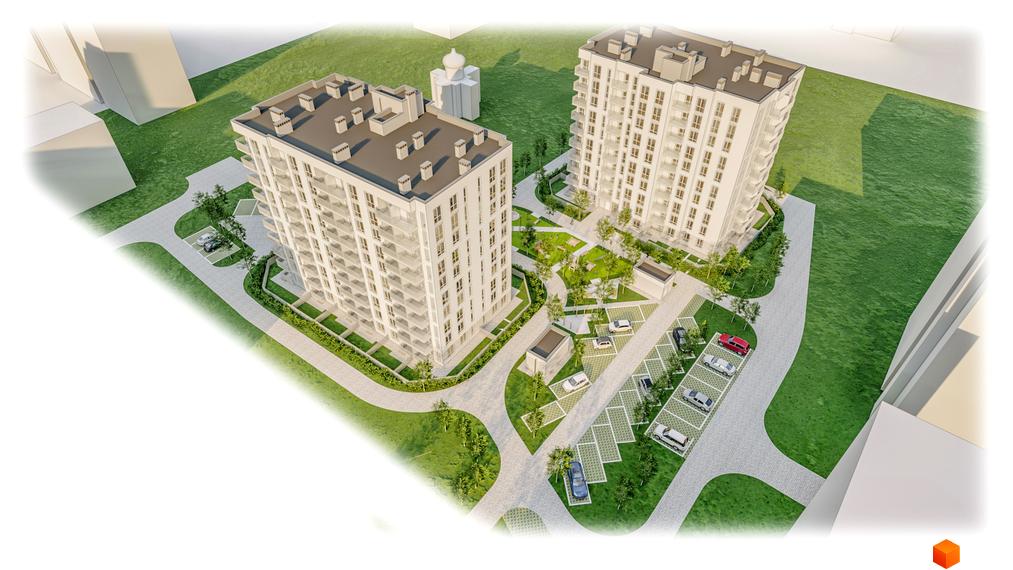 Житловий комплекс Family Comfort: два багатоповерхові будинки, зелені газони, вимощені доріжки, парковки та дитячий майданчик.