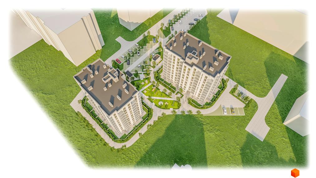Житловий комплекс Family Comfort: сучасна архітектура двох багатоповерхових будинків та зелена прибудинкова територія з дитячим майданчиком та парковкою.