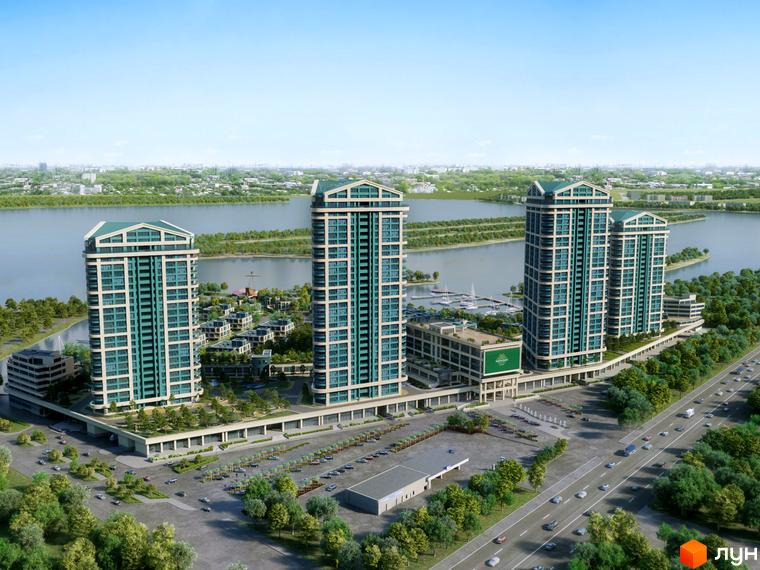 Житловий комплекс Bartolomeo Resort Town: чотири висотні будівлі біля річки. Має парковку, зелені зони та марину.