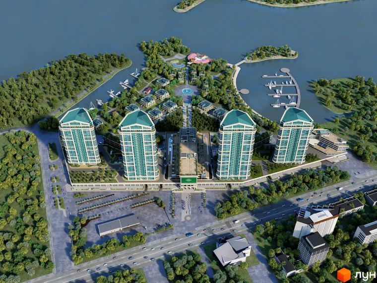 Житловий комплекс Bartolomeo Resort Town на березі річки. Високі будинки з панорамними вікнами, зелена територія з парковкою та причалом для яхт.