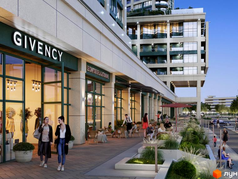 Багатоповерхова будівля житлового комплексу Bartolomeo Resort Town зі світлим фасадом та комерційними приміщеннями. Поруч облаштована пішохідна зона з кафе та зеленими насадженнями.