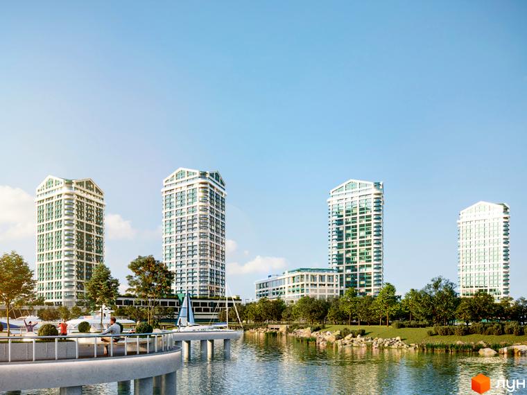 Житловий комплекс Bartolomeo Resort Town з висотними будинками біля води. На території комплексу є зона відпочинку з човнами та зелені насадження.