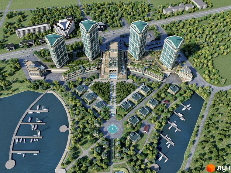 Вид зверху на висотні будівлі Житлового комплексу Bartolomeo Resort Town з зеленими дахами. Навколо розташовані котеджі, велика зелена територія та марина з човнами.