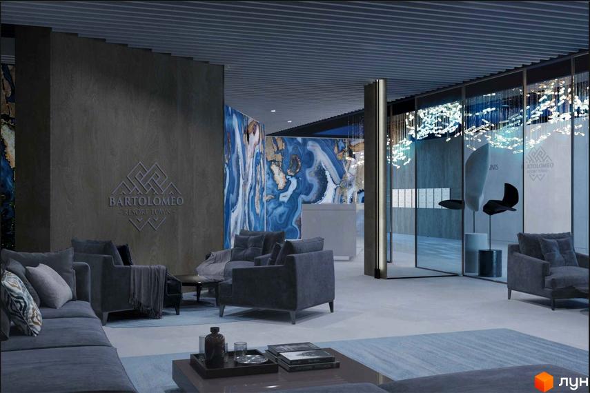 Інтер'єр лобі Житлового комплексу Bartolomeo Resort Town з м'якими меблями, декоративними стінами та скляними перегородками.