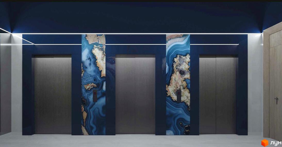 Ліфти в холі ЖК Bartolomeo Resort Town з декоративними панелями з натурального каменю. Просторий хол з гарним дизайном.