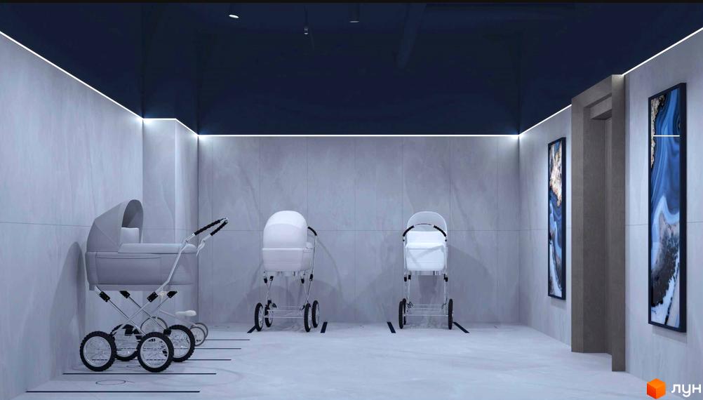 Простір для зберігання дитячих візочків у ЖК Bartolomeo Resort Town. Світлий інтер'єр з місцями для паркування візочків.