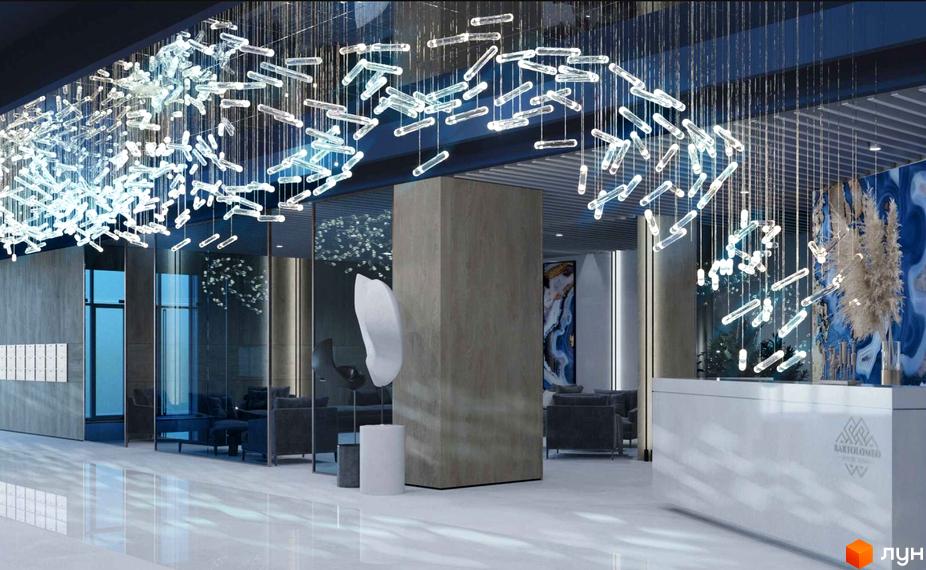 Просторий інтер'єр лобі Житлового комплексу Bartolomeo Resort Town з великою люстрою, зоною рецепції та місцями для відпочинку.